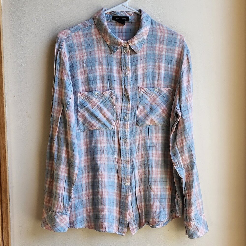 Sanctuary Blue/Pink Plaid Button Down Flannel Shirt Size Large - Picture 6 of 13